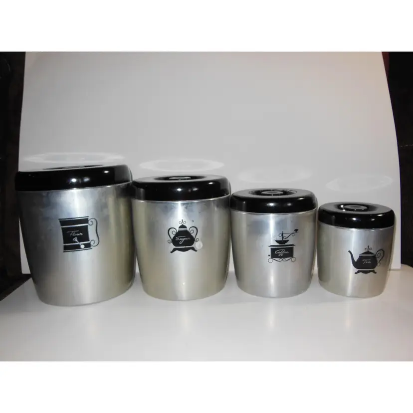 #01 Vintage MCM 1950s Original Westbend Silver Aluminum & Black, 4 Canister Set w/Lids! #MidCenturyMarvelous #MCM