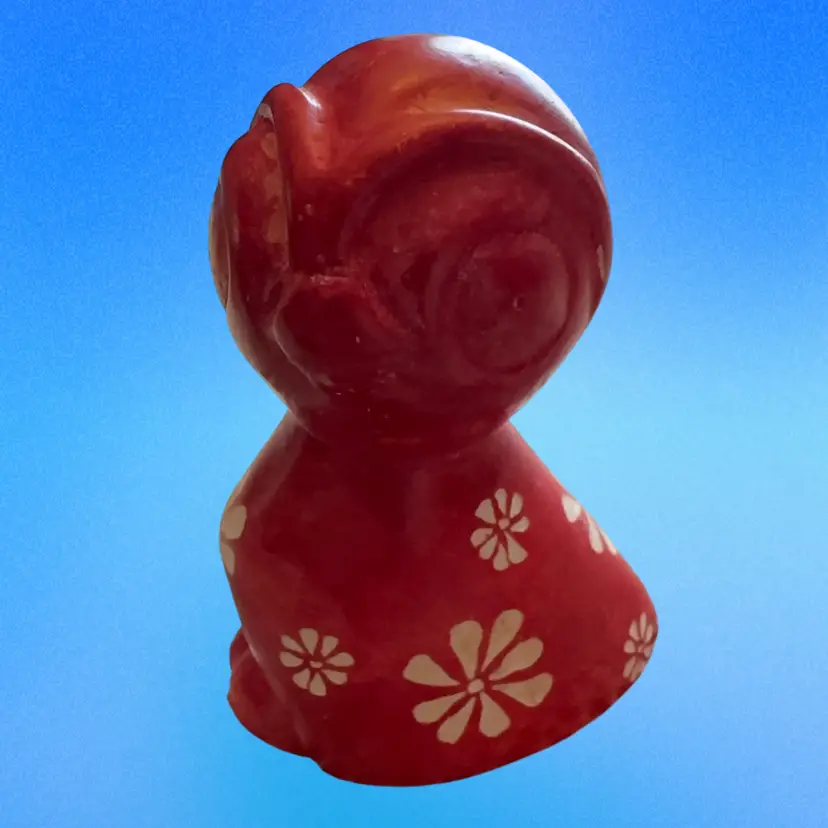 Soapstone Red Owl Carved with White Flowers