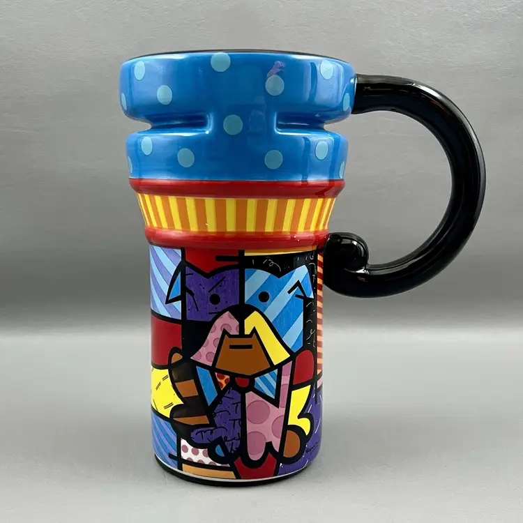 Romero Britto Bulldog Coffee Beverage Travel Mug Pop Art Dog 6.5"