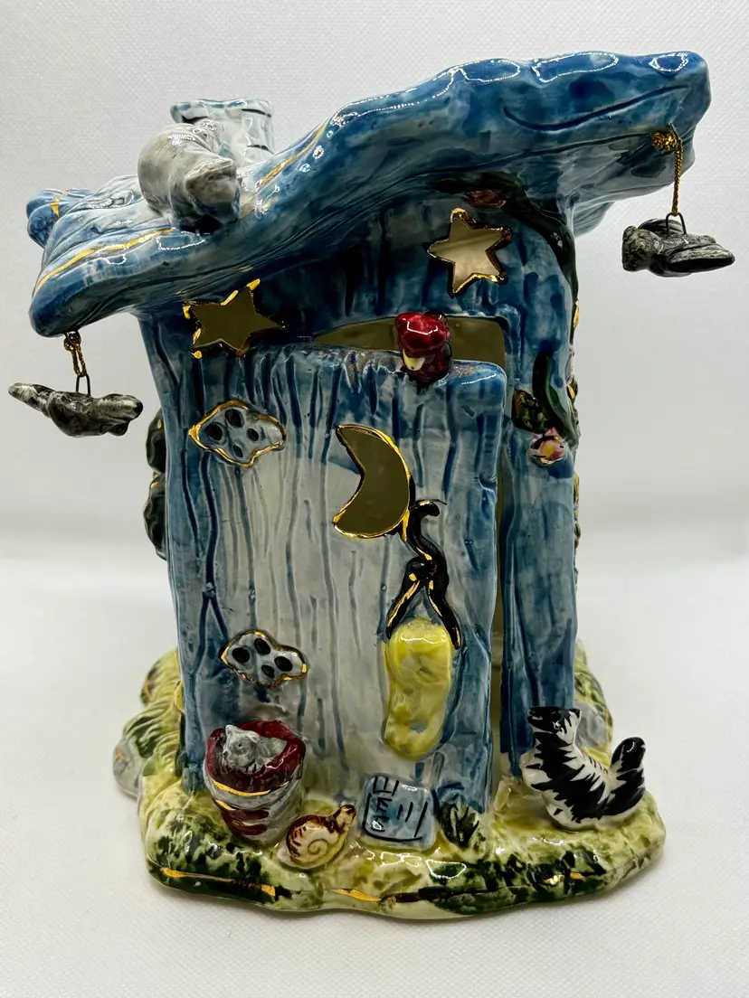 Vintage 2001 Whimsical Outhouse Figurine Cat Moon Accents Ceramic, Halloween Tealight Votive Candle Holder, By Kimberly Designs, Made in China, MPN CR027BL