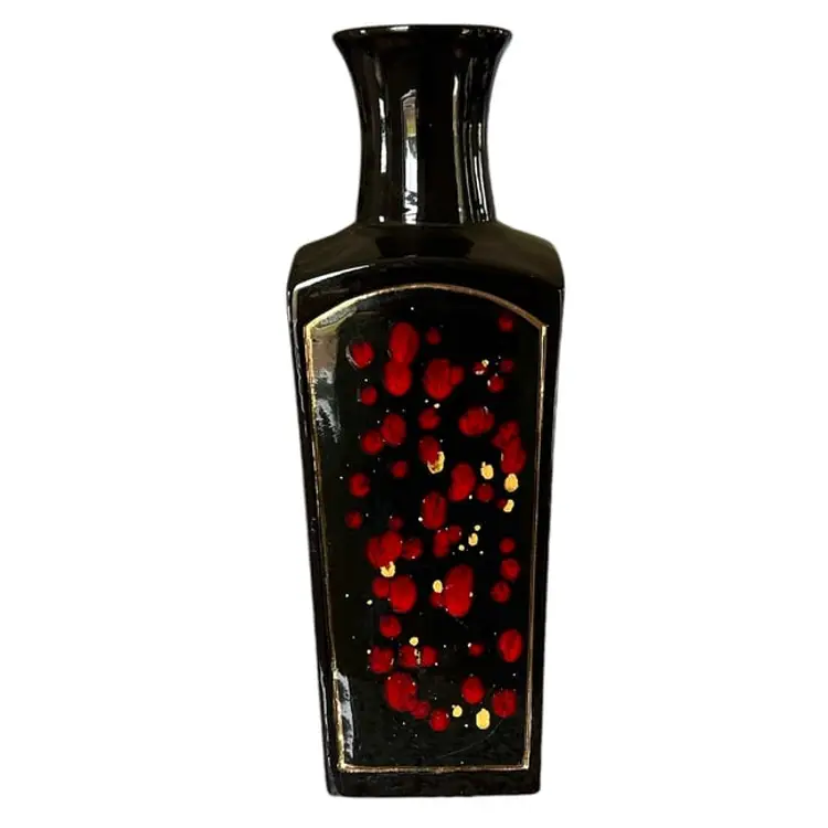 Black with Red Glazed Spots and Gold Trimmed Tall Black Ceramic Signed Vase
