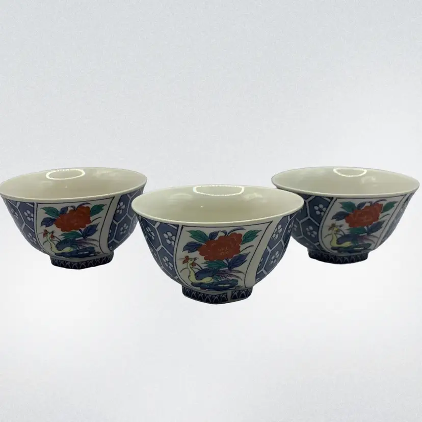 Set Of 3 Porcelain Soup Rice Bowls Phoenix Bird And Floral Design