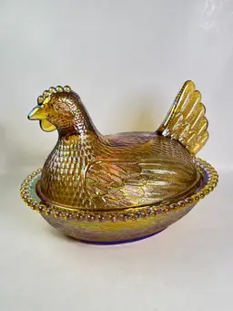 Vitg Indiana Glass Carnival Amber Iridescent Hen on Nest Covered Dish 7" Beaded