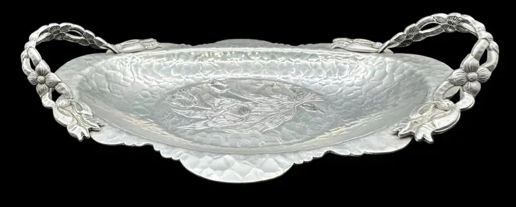 Vintage Rodney Kent Hand Wrought Aluminum Metal Handled Tray Tulip Floral 404