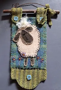 Handmade and Stitched Country Sheep Wall Hanging 7"x10" All Wool Fabrics