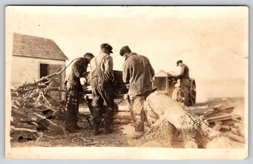 Postcard RPPC Men Cutting Firewood with Buzz Saw Real Photo Old Tractor Overalls - 9272