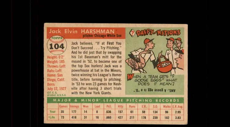 1955 Topps #104 Jack Harshman - (pk-tl1) - Chicago White Sox