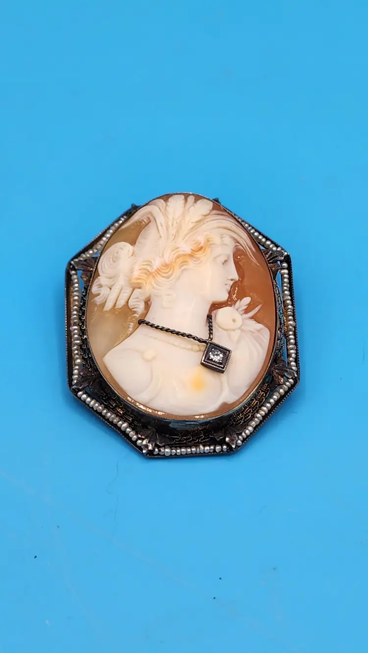 Antique 14k White Gold Cameo Brooch W/ Diamond