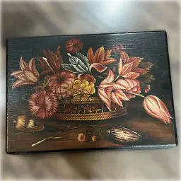 18x13x4” Decorative Box w/ “A Reproduction Painting Of Basket of Flowers with Shells on a Ledge," originally painted by Dutch Golden Age painter Balthasar van der Ast.