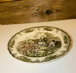 Vintage "The Friendly Village" Oval Transferware Johnson Bros Platter CottageCore Farmhouse Rustic English Country