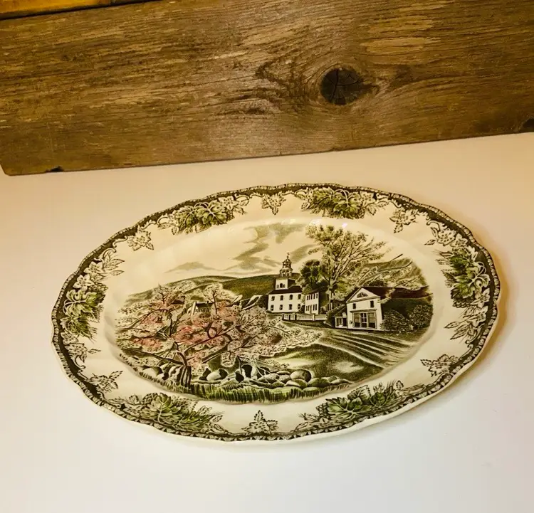 Vintage "The Friendly Village" Oval Transferware Johnson Bros Platter CottageCore Farmhouse Rustic English Country