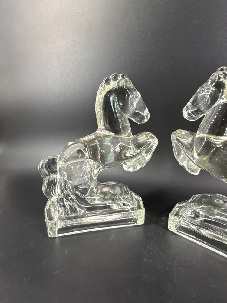 L.E. Smith Clear Glass 7.75" Rearing Horse Bookends Stallion Equine Decor
