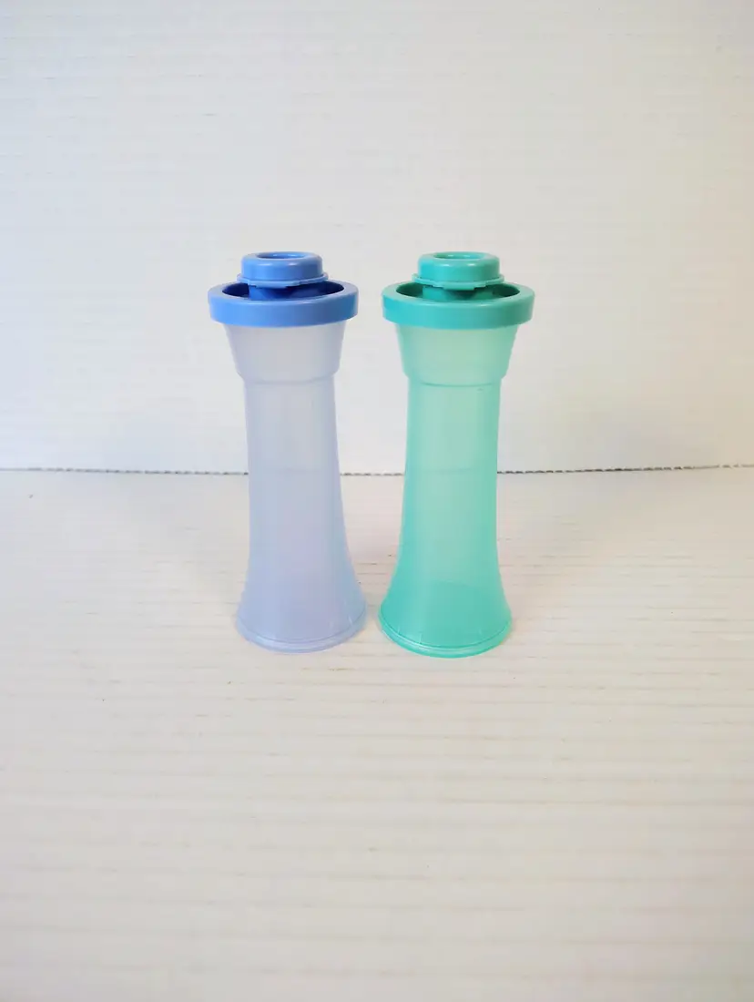Tupperware Mini Hourglass Salt and Pepper Shakers Blue and Green
