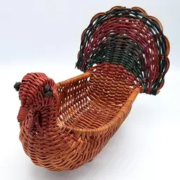 Vintage Turkey Multicolor Wicker Basket Thanksgiving Holiday Figural Woven