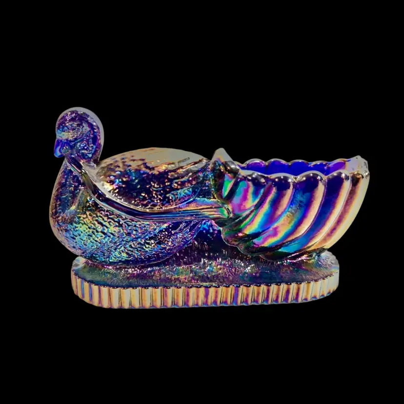 St. Clair Blue & Amethyst Carnival Glass Swan And Shell Open Salt /toothpick