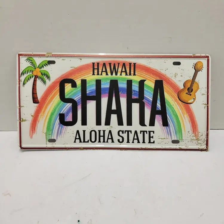 Vintage "Shaka" Hawaii Aloha State Rainbow Novelty License Plate Metal Sign