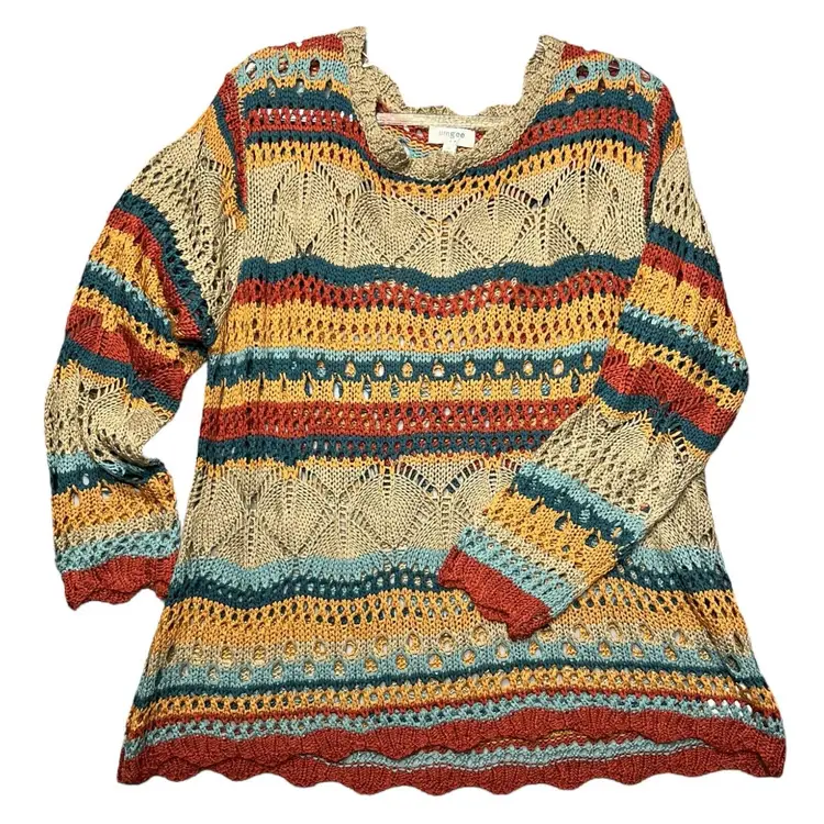 Umgee Teal Rust Stripe Open Crochet Scallop Hem Crewneck Sweater Medium Boho