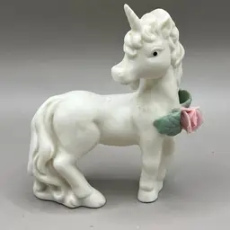 Bisque Ceramic Unicorn Figurine With Applied Flower 4”