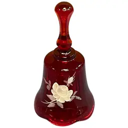Vintage Fenton Red Ruby Bell With Hand painted White Rose
