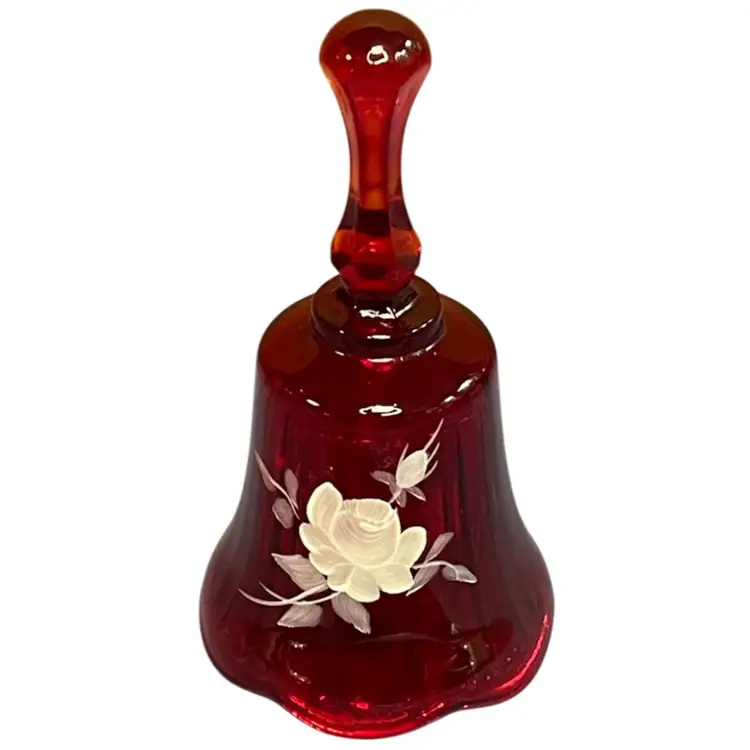 Vintage Fenton Red Ruby Bell With Hand painted White Rose