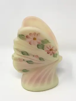 Fenton Pink Daisies on Burmese 4 1/2" Glass Butterfly on a Wedge Base Signed D Fredrick