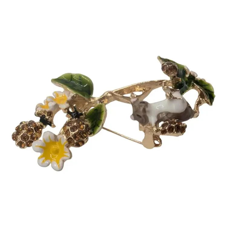 Flowers Mouse Orange Rhinestone Enamel Brooch Pin Yellow Green Vintage Mice