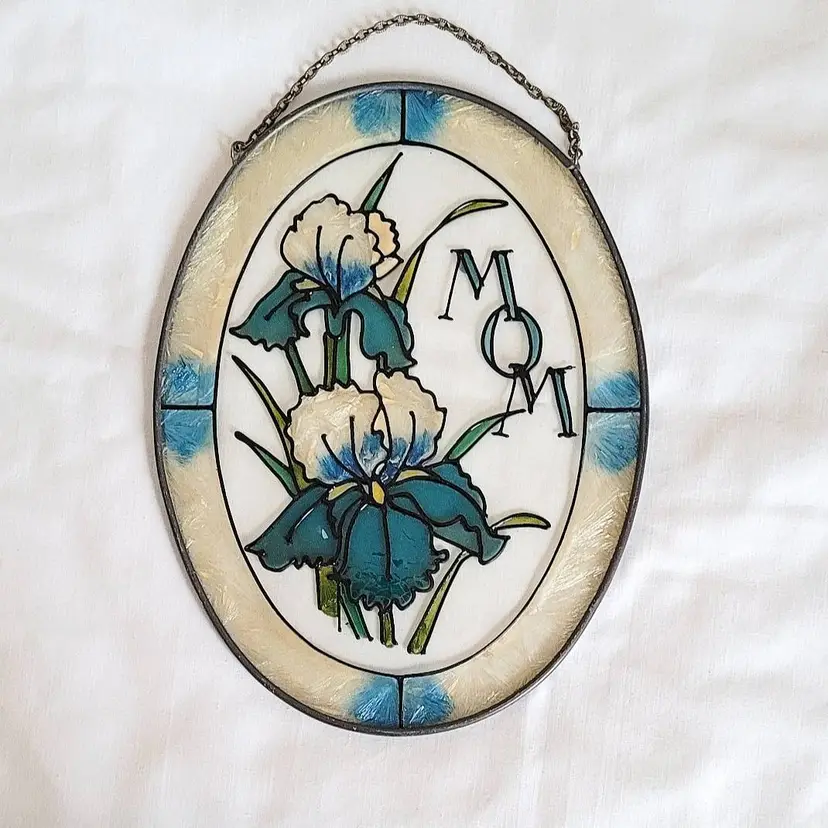 Oval Stained Glass Sun Catcher - Blue Iris "MOM" - Floral Window Hanging