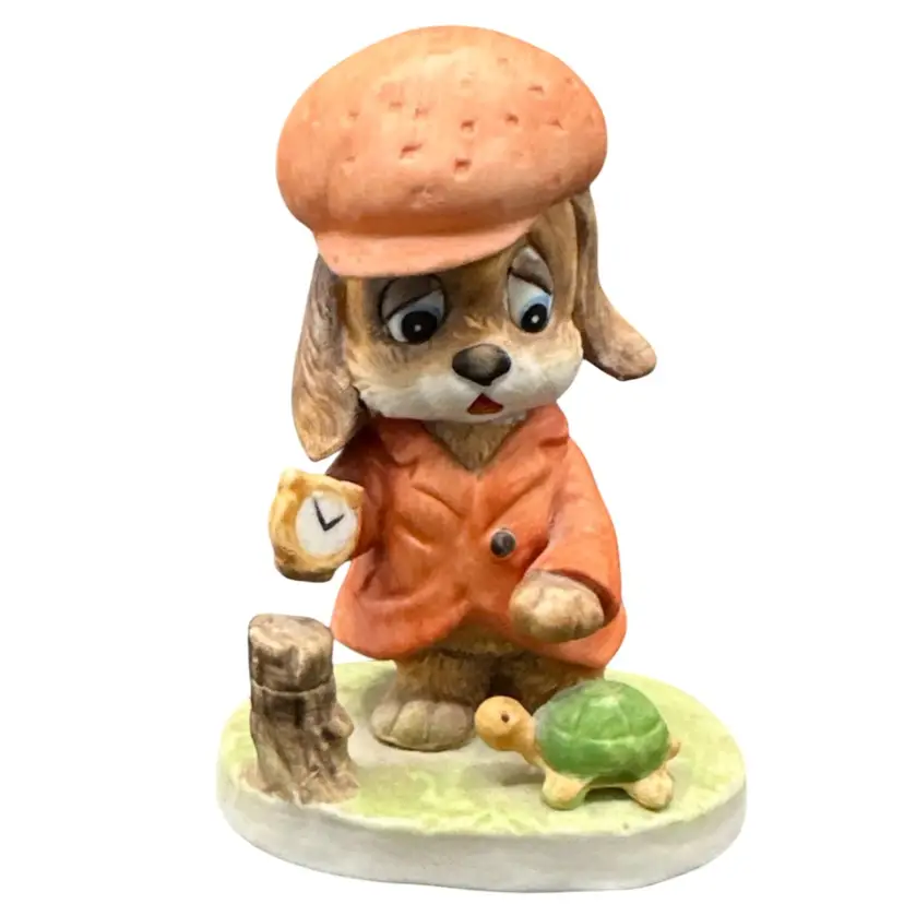 Lefton Anthropomorphic Dog In Coat And Hat Checking His Watch  With Turtle #00306