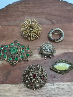 Vintage Lot Of 6 Brooches Czech, Enamel, Rhinestone Pins Marked & Unmarked