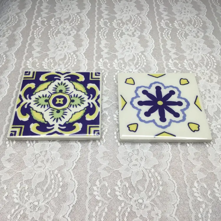 Vintage Ideal Standard Mexico Ceramic Tile Yellow & Blue Designs