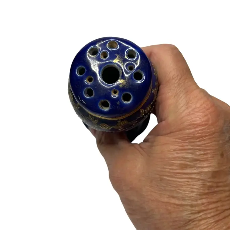 Blue With Gold Hand Painted Floral Nippon Porcelain Hat Pin Holder @3 1/2x2 1/2