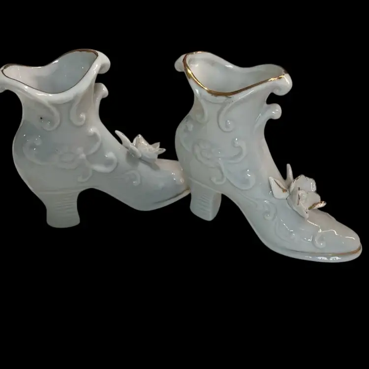 Set Of Two ~ Vintage Collectible Porcelain Victorian Miniature Woman’s Boots. Beautiful  Off White Porcelain Gold Trim Floral Flower Boots. Stamped Japan. Both Left Boots.