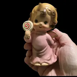 Vintage Josef Original Wee Folks Figurine Of A Pink Angelic Angel Holding A Lollipop. Ceramic & Hand Painted Collectable.