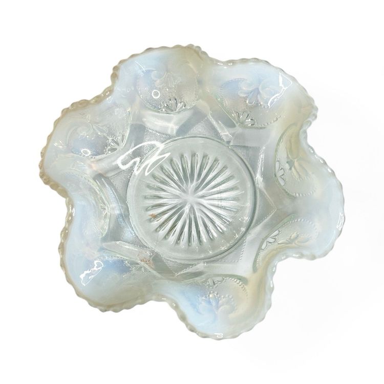 EAPG Dugan Style Glass Opalescent Blue And White Scalloped Trinket Dish