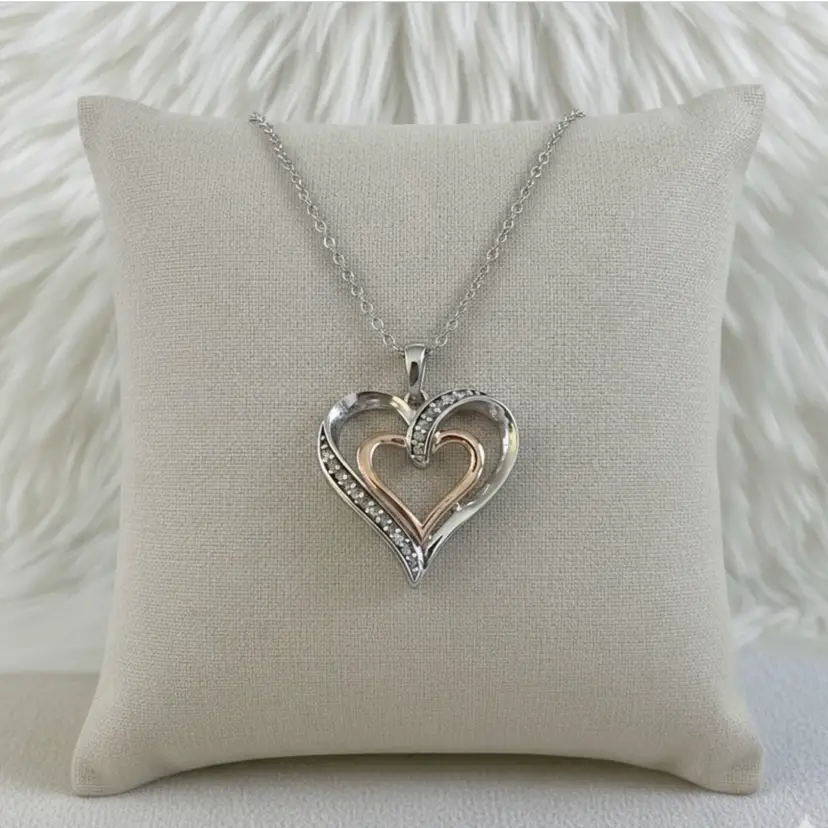 Diamond Double Heart Pendant Sterling Silver and 14k Rose Gold Necklace