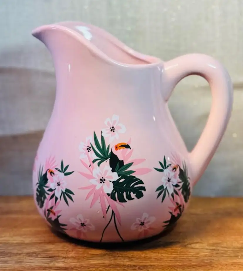 Vtg Porcelain Hand painted Ceramic Tropical Toucan Parrot Pitcher Jug Lg 7.5"