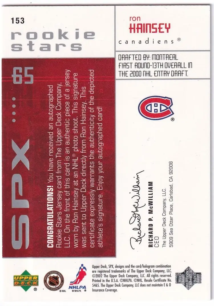 2002-03 SPx #153 Ron Hainsey JSY AU RC Montreal Canadiens Hockey Card