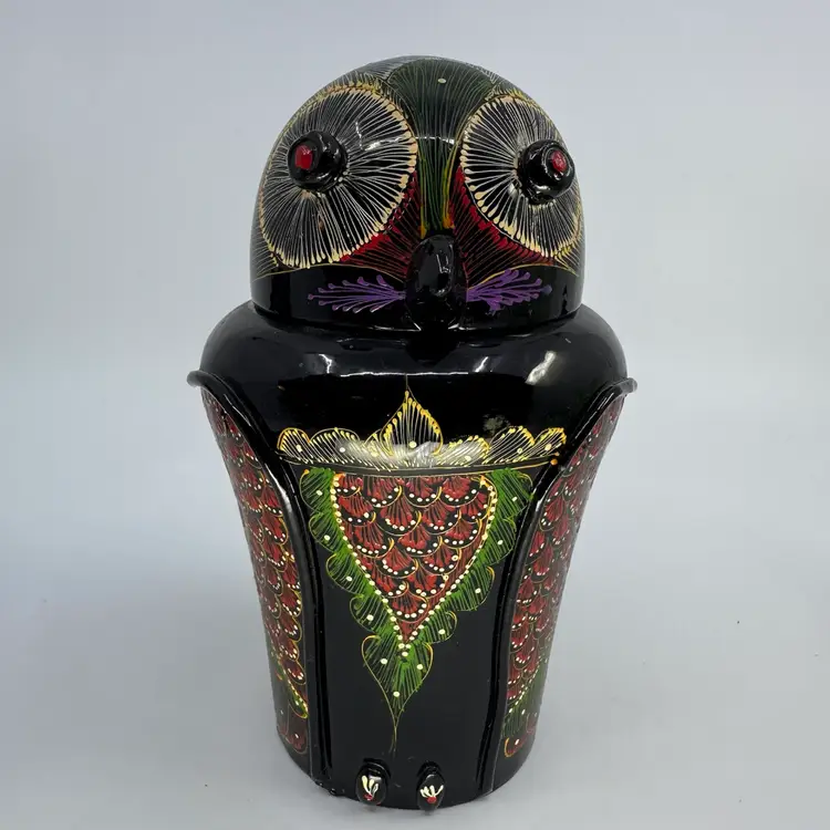 Hand Painted Lacquered Owl Jar for Trinkets