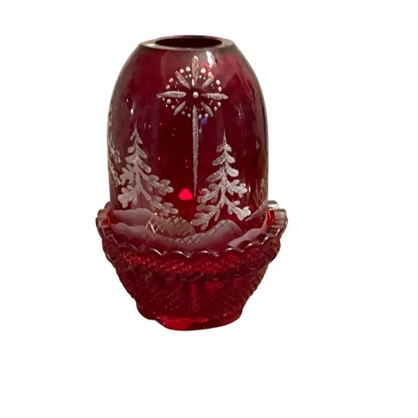 Fenton 2-piece 2002 Ruby Christmas Star Fairy Light HP By Charles(Doug) Caplinger 4 3/4” X 3” Glows