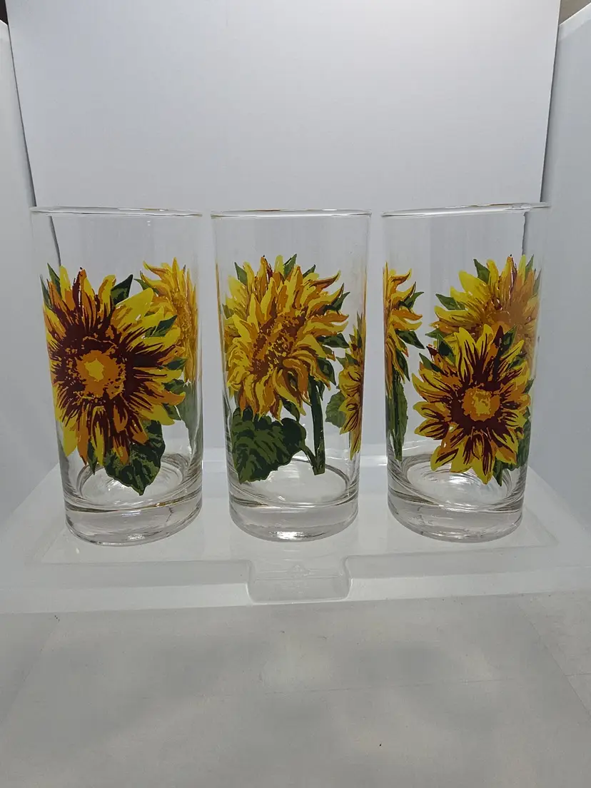 Set of 3 Vintage Crisa Sunflower Glass Tumblers 14oz 6" Drinking Glasses (S)