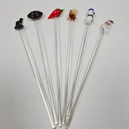 6 VTG Glass Swizzle Sticks Stir Cocktail Stirrers Blown Glass Barware Holidays