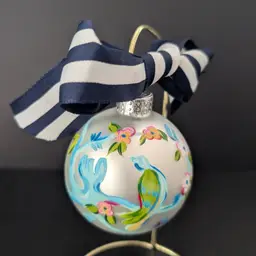 Hand Painted Glass Ornament With Floral & Bird Design Striped Ribbon Signed