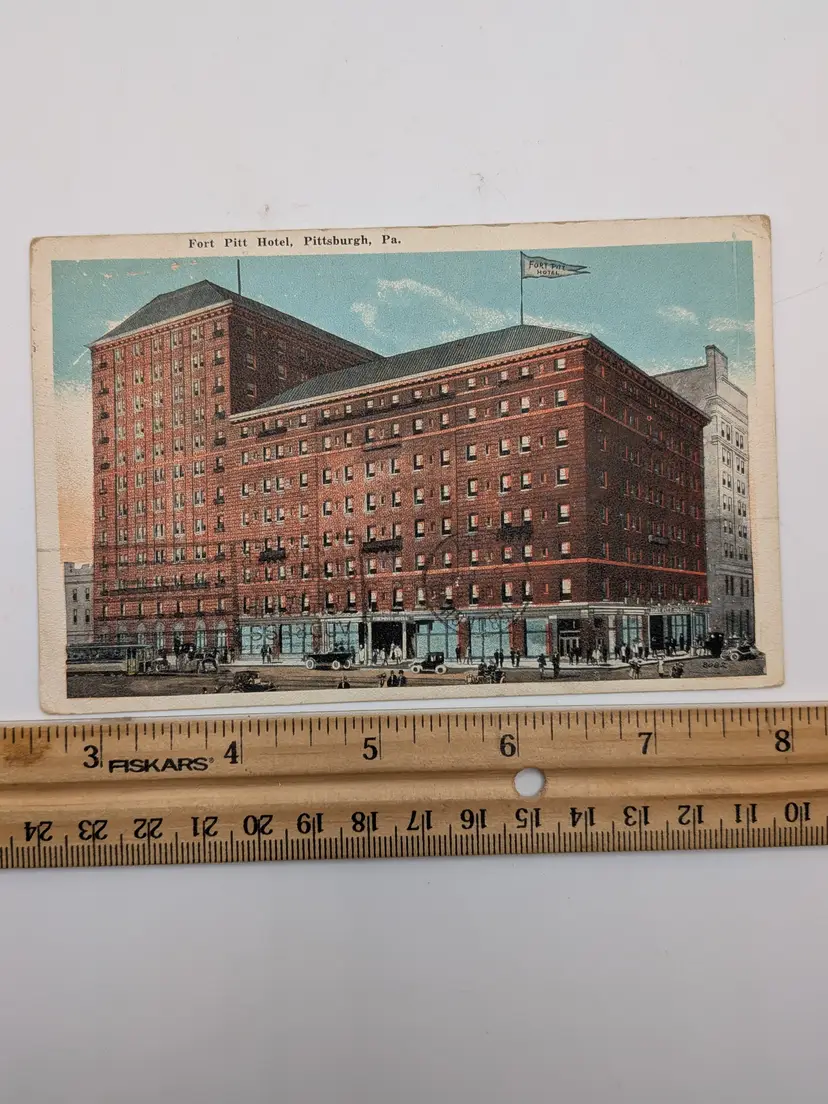 E96. Antique Postcard Green 1¢ Stamp Fort Pitt Hotel Pittsburgh Pennsylvania Colored Photo Postman 1921