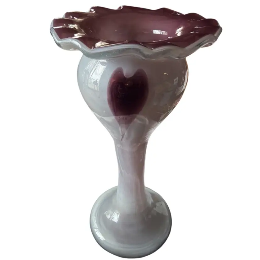 Rare Hand Blown White Cased W/Purple Trumpet Vase Ruffle Top Ex Condition. 8.5” X 4”