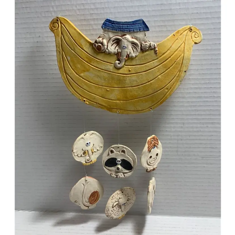 VTG Noah’s Ark Wind Chime Handmade Ceramic. Signed Telle M Stein 1982. Elephant, Lion, Raccoon, Sheep, Horse, Cow