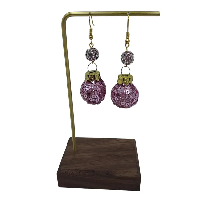 Christmas Ornament Earrings Pink Sequin Covered Balls Shambala Beads Gold Tone