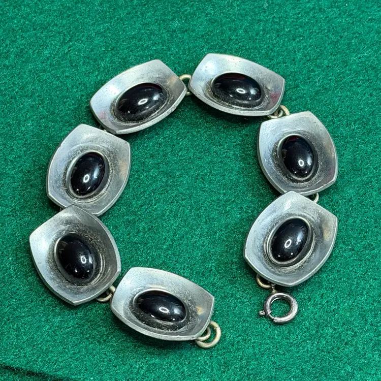 Jorgen Jensen Denmark Pewter Bracelet Black Cabochons Sterling Clasp 7-1/2”