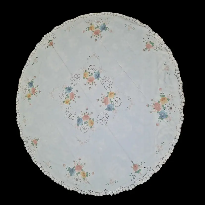 66" Round Stitched Embroidered White Cloth Table Cover Pink Blue Yellow Flowers