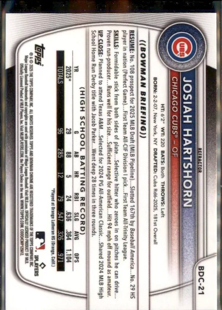 2025 Bowman Draft #BDC-21 Josiah Hartshorn Chrome Refractor - (138) - Chicago Cubs