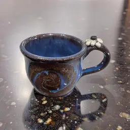 Vintage Signed Farmhouse Rustic Spring Pottery Mug Whimsical Blue Glazed